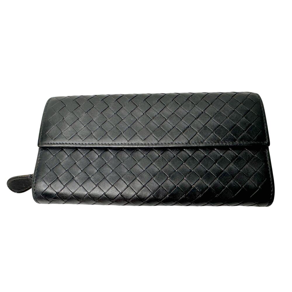 Bottega Veneta Intrecciato Woven Black Leather Long Flap Wallet